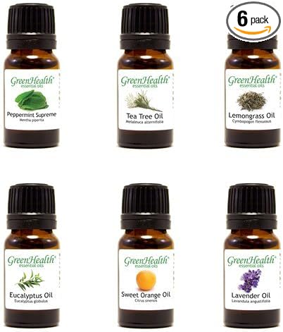 GreenHealth Top 6 Essential Oil Gift Set – 100% Pure Therapeutic Grade – Lavender, Tea Tree, Eucalyptus, Lemongrass, Sweet Orange, Peppermint – Aromatherapy & Diffuser Oils 6x10ml