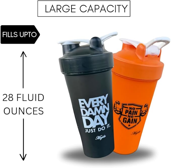 Magiko Blender Shaker Bottles for Protein, 28oz Portable Leakproof Pre-Workout Nutrition Water Bottle, BPA-Free Gym Protein Shaker for Sports & Outdoor Motivational Protein Shaker (Black Orange)