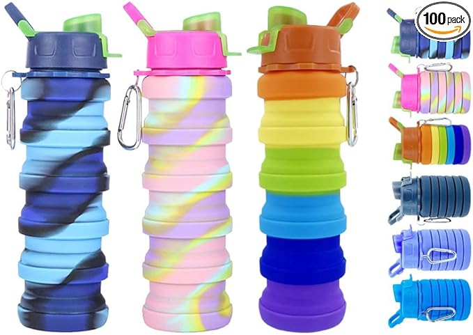 Collapsible Water Bottles 3 Pack Expandable Water Bottle 500ml for Travel Camping. (Colorful)