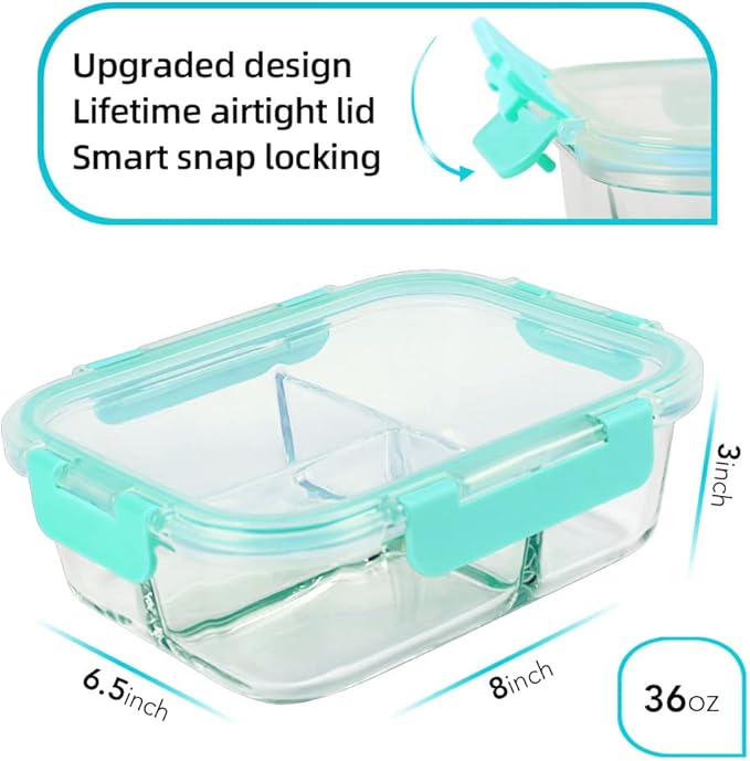 DAS TRUST 3 Pack Bento Box Glass Meal Prep Containers with Lids - 3 Compartment Glass Food Storage Containers for Microwave Oven