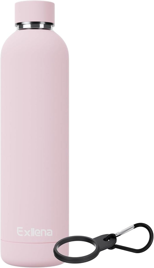 Slim Insulated Water Bottles for Travel 32oz with Clip, Double Wall Vacuum Stainless Steel Water Bottle Keeps Drinks Cold 24 Hrs/Hot 12 Hrs, 100% Leakproof, BPA Free(Pink)