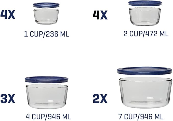 Anchor Hocking 26 Piece Glass Storage Containers with Lids (13 Glass Food Storage Containers & 13 Navy Blue SnugFit Lids)