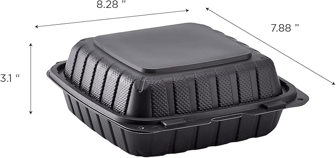 KARAT EARTH Clamshell Take Out Food Containers [8"x8" - 200 ct] To Go Containers | Microwavable, Freezer Safe, Soak-Resistant, Durable, Stackable | Vented for Hot/Cold Foods, Black