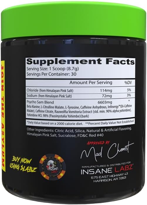 Insane Labz Psycho Sam, High Stimulant Pre Workout Powder, 30 Srvgs (30 Servings (Pack of 1), Fruit Punch