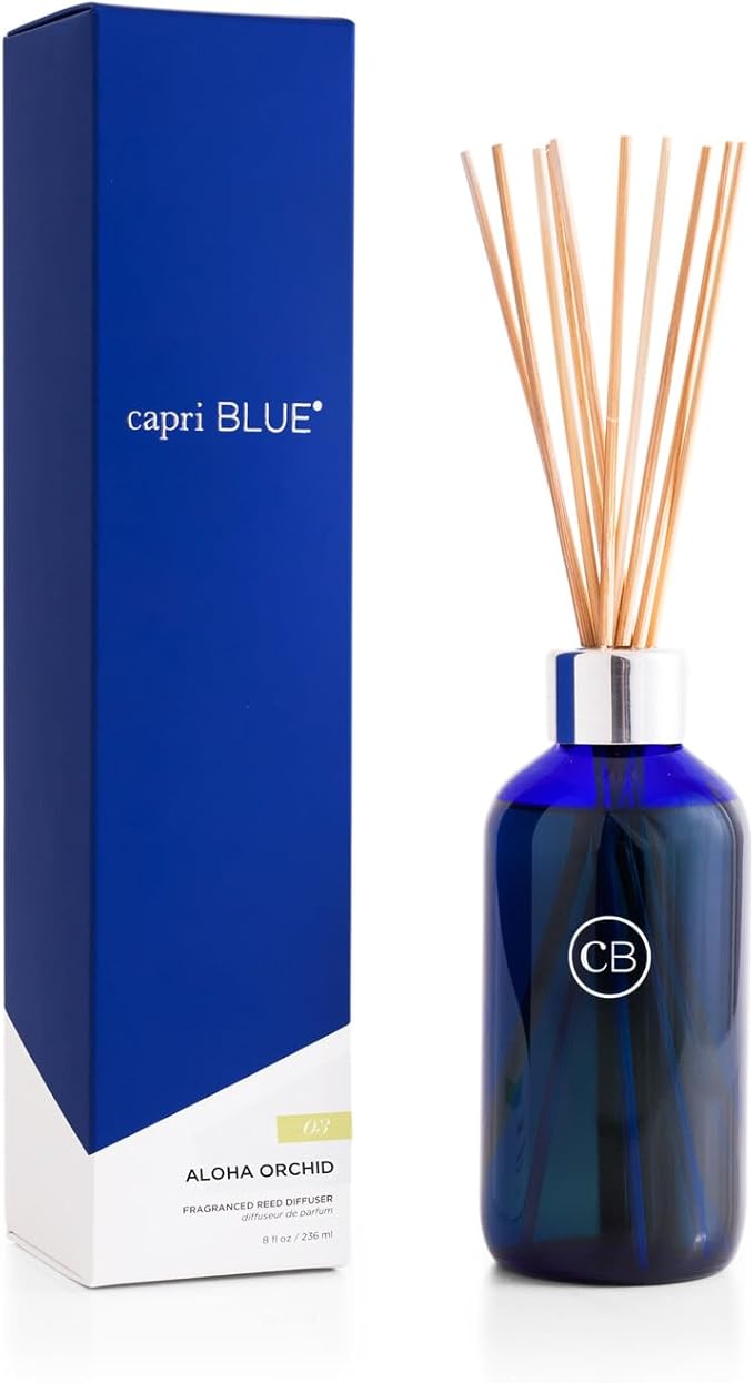 Capri Blue Aloha Orchid Reed Diffuser Set - Includes Reed Diffuser Sticks, Fragrance Oil, and Glass Bottle - Luxury Scented Room Fresheners - Cobalt Blue (8 fl oz)