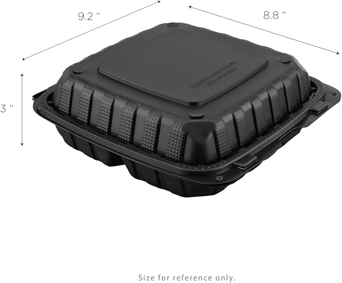KARAT EARTH Clamshell Take Out Food Containers [9"x9" - 120 ct] To Go Containers | 3 Compartment, Soak-Resistant, Durable, Stackable | Vented for Hot/Cold Foods, Black