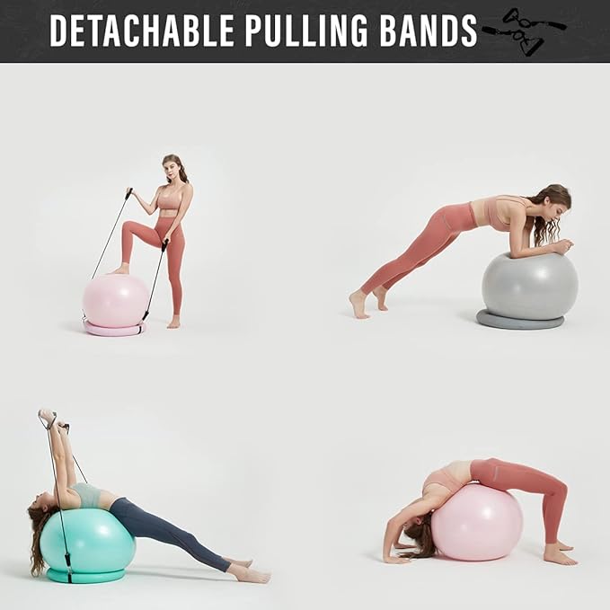 Exercise Ball Chair with Resistance Bands, Yoga Ball Office Chair with Stability Base for Home Gym, Workout Ball for Fitness, Large Size 65 cm