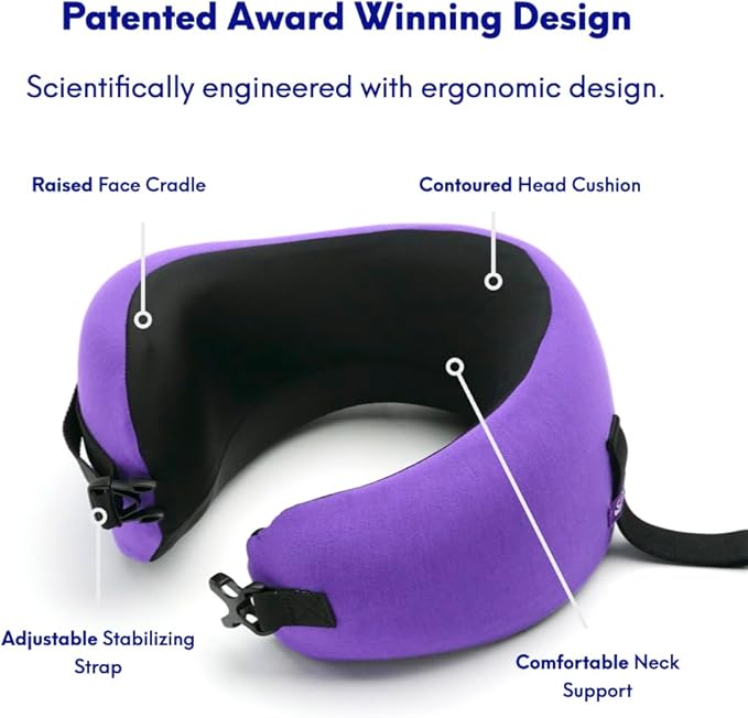 C CUSHION LAB Travel Pillow, Award-Winning Patented Ergonomic Design for Chin & Neck Support Memory Foam Neck Pillow, Compact Airplane Pillow for Traveling, Flight, Car (Royal Purple, Medium)