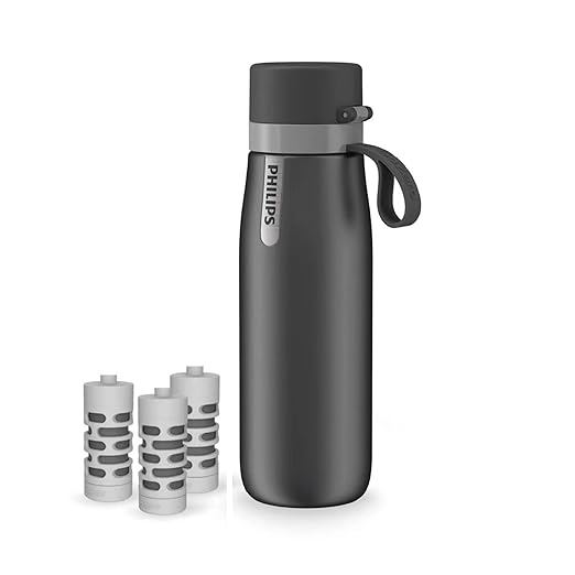PHILIPS Water Bottle with Filter, Filter Water Bottle Stainless Steel with GoZero Everyday BPA-Free Tap Water Filter, Water Filter Bottle Keep Drink Cold 24 Hours, 3 Filters for 120 gal / 6 Months