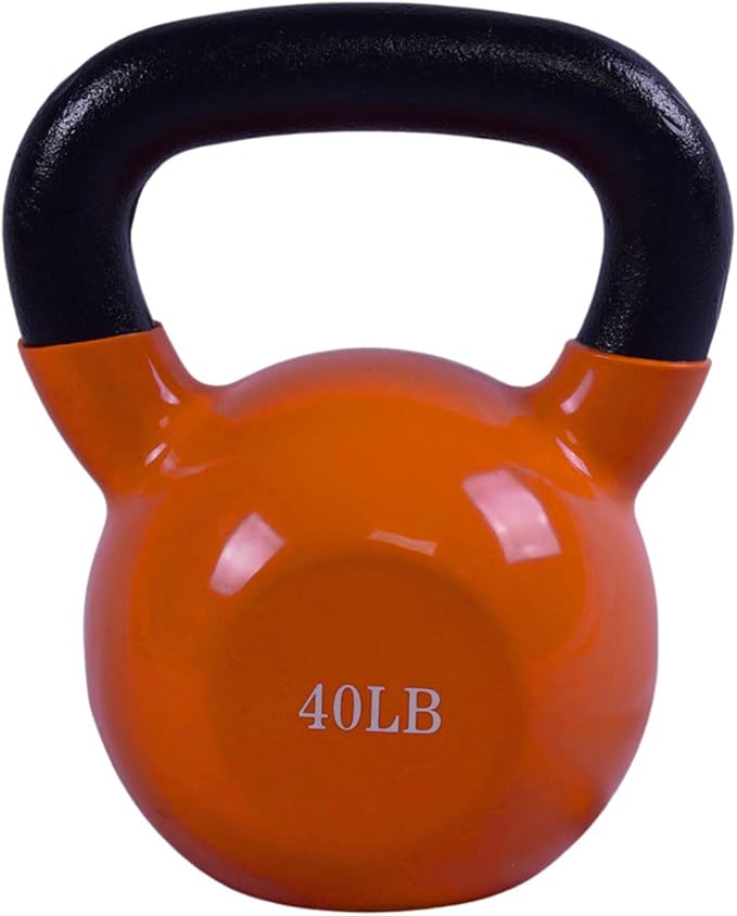 BESEA Orange Vinyl Coated Kettlebell 20~45LBS, Wide Grip Handle, Stable Flat Base, Strength Training, Durable kettle bells