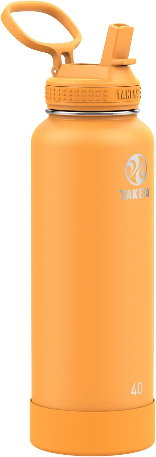 Takeya Actives 40 oz Water Bottle with Straw Lid - Double Wall Stainless Steel Insulation - Dishwasher Safe & BPA-Free - Removable Bumper - Honeycomb