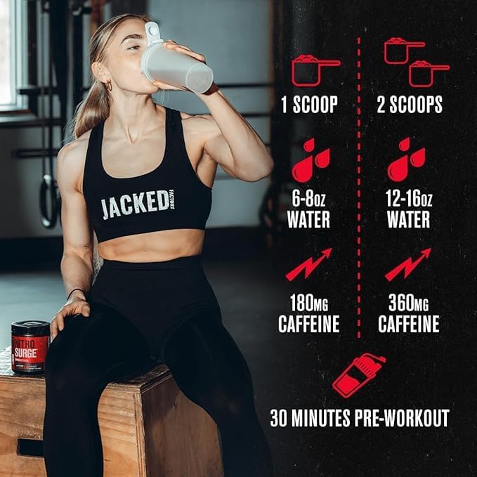 Jacked Factory NITROSURGE Shred Pre Workout Supplement - Energy Booster, Instant Strength Gains, Sharp Focus, Powerful Pumps - Nitric Oxide Booster - 30Sv, Grape Limeade