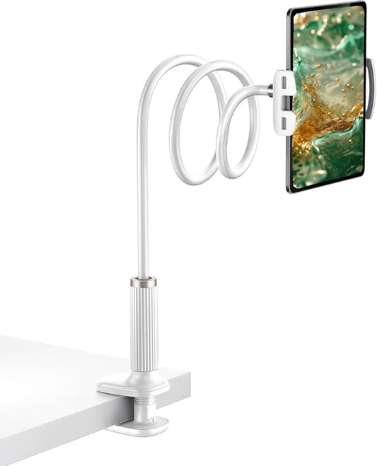 Gooseneck Tablet Holder, Tablet Stand : Flexible Arm Clip Mount Compatible with iPad mini Pro Air, Kindle, Switch, Galaxy Tabs, More 4.7-11" Devices- (White)