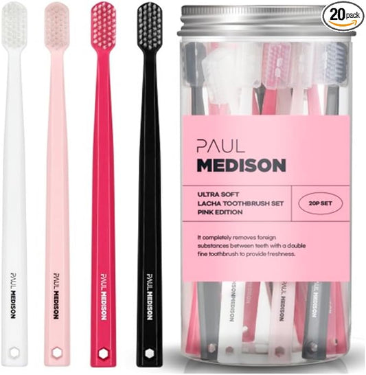 Extra Soft Toothbrushes for Adults, 20-Pack Ultra Fine Bristle Toothbrush Multipack with Covers | Small Head, Gentle on Sensitive Gums | Aesthetic Pink, Black & White Design