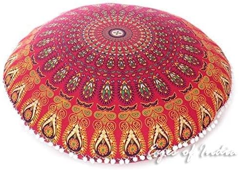 Eyes of India - Mandala Floor Pillow Cover Meditation Cushion Seating Throw Hippie Round Colorful Decorative Bohemian Indian Pouf Ottoman Handmade Cover ONLY (A1 Red, 32" x 32")