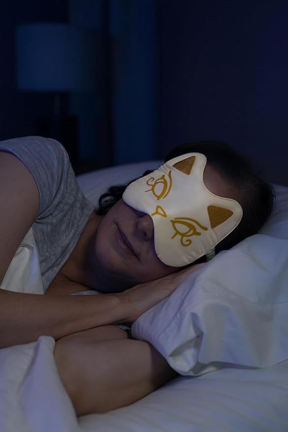 Silk Sleep Mask Blindfold Eye Mask for Sleep Cute Cat Print Embroidered Eye Cover Adjustable Oversized Egyptian Bastet with Gift Box&Pouch（Isis Ivory-Adjustable Strap）