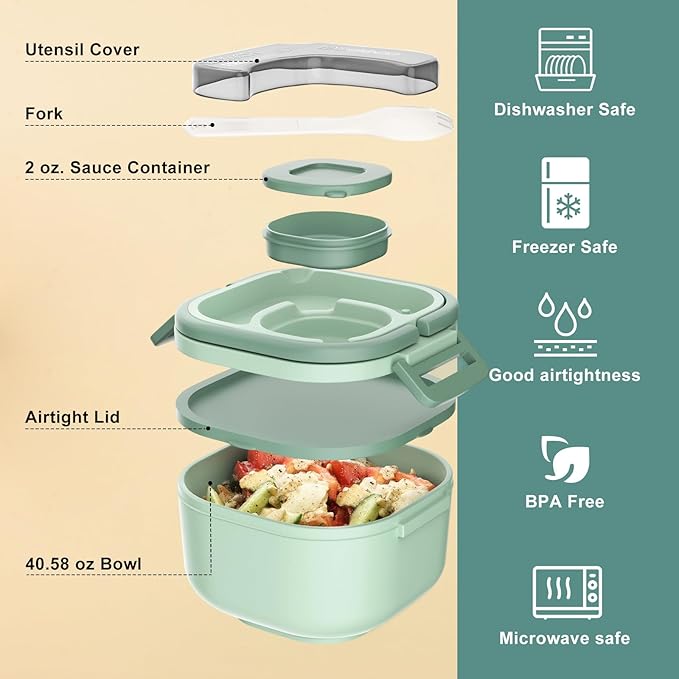 Bento Box for Adults & Kids – Single Compartment Lunch Box,Food Container,BPA-Free,Microwave & Dishwasher Safe with Removable Divider,Utensils & Sauce Jar-Green