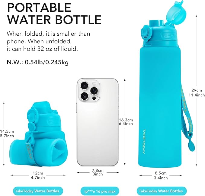 TakeToday Collapsible Water Bottles 32oz, Foldable Travel Water Bottle, BPA Free, Silicone Water Bottle Leakproof for Hiking, International Travel, Outdoors