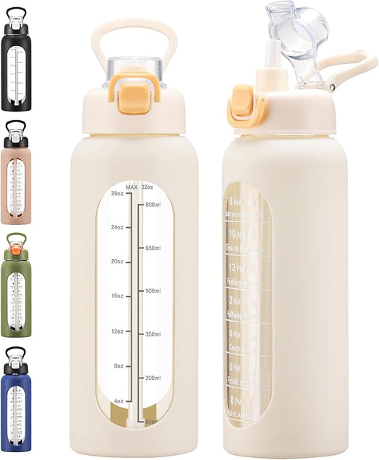 32 oz Glass Water Bolttles with Straw Large Motivational Water Bottle with Time Marker Sports Water Bottles with Silicone Sleeve and Handle Lid Water Jug for Gym Workout