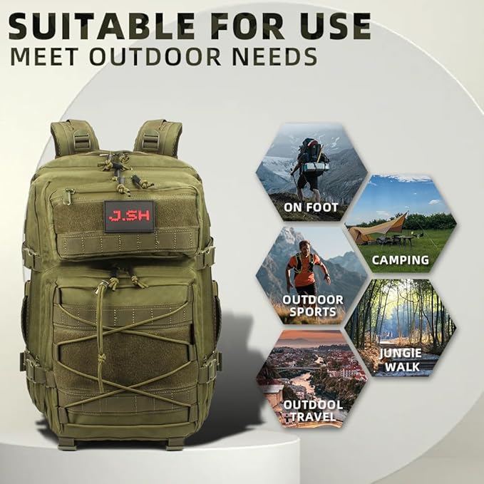 J.SH 45L Large Capacity 3-Day Tactical Backpack, Waterproof & Tear-Resistant, MOLLE System, Adjustable Straps (chest strap and waist strap), Hiking Backpack for Men & Women - Green