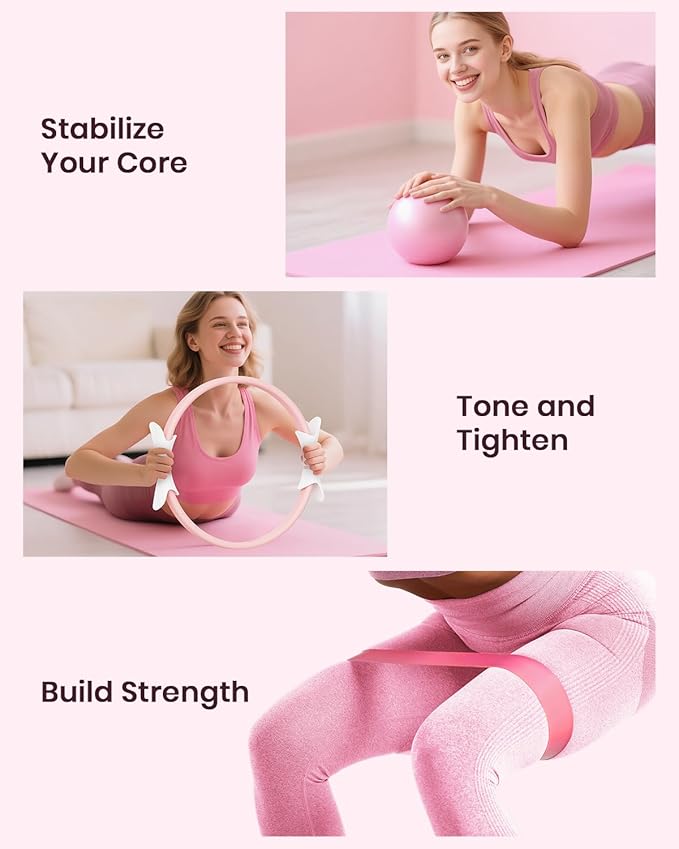 Pilates Ring Set for Women, Home Workout Pilates Equipment with Resistance Bands, 14'' Magic Circle, Mini Ball, Pilates Starter Kit for Strength, Toning and Flexibility, Workout Guide Included