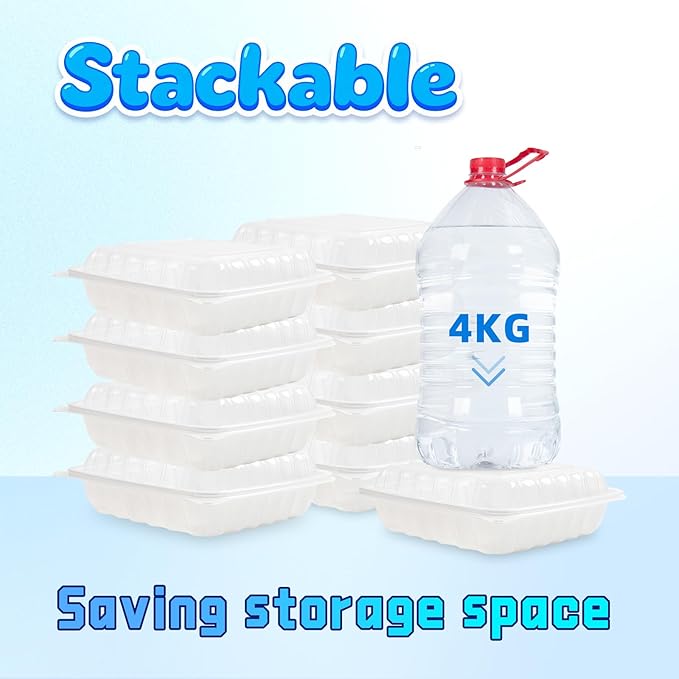 YANGRUI Takeout Containers 8 Inch 34 oz 25 Pack - Reusable Anti Fog Crystal Lid Technology Shrink Wrap To Go Box | BPA Free PP Plastic Freezer & Microwave Safe | White Restaurant Grade Food Container