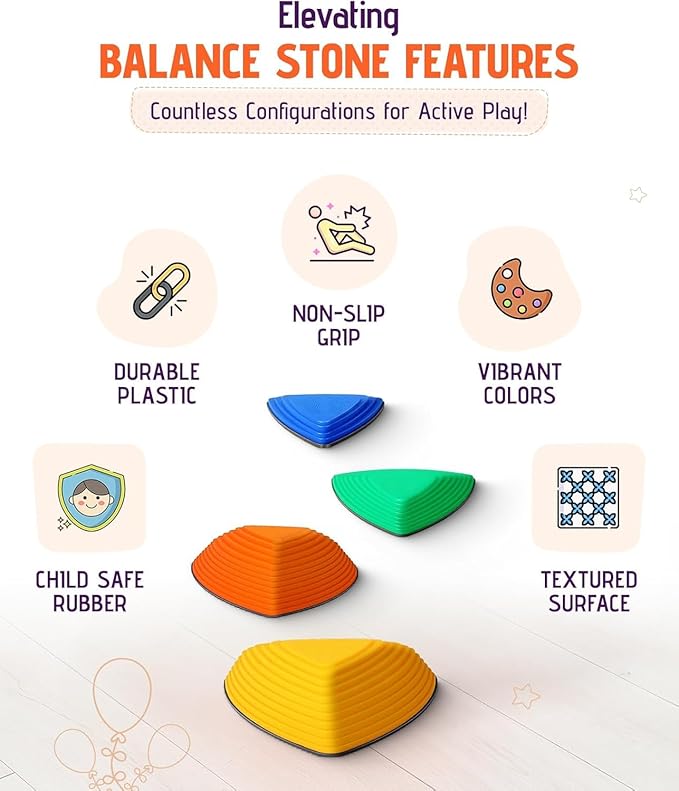 Giggle & Play Stepping Stones For Kids, Set Of 12, Montessori Indoor and Outdoor Balance Stepping Stones, Promotes Coordination, Balanced Strength Child Safe Rubber, Sports, Vibrant Colors, Non-Slip Edges