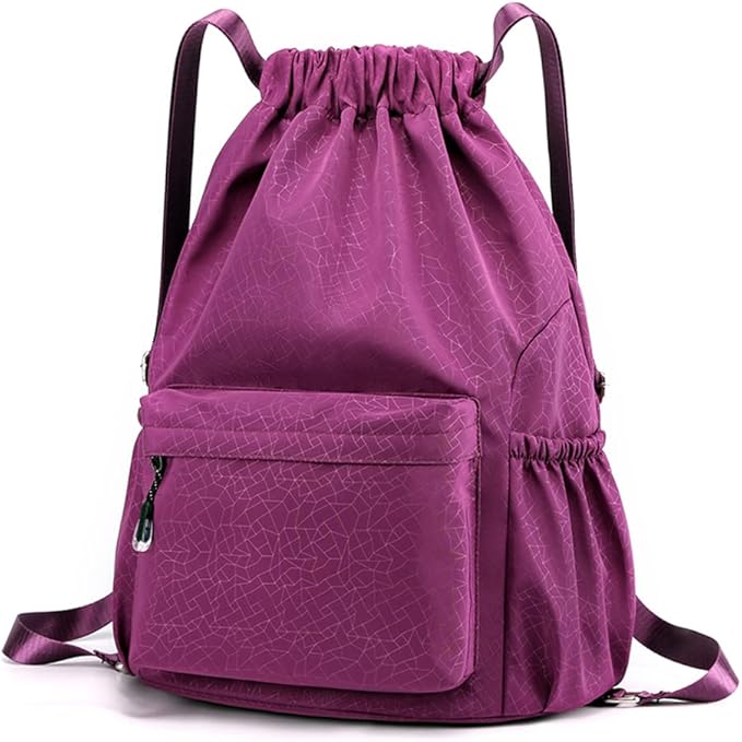 HOLYLUCK Drawstring Backpack Sports Gym Bag Water Resistant String Bag Cinch Sackpack with Side Zipper Pocket for Shopping Sport Yoga-purple