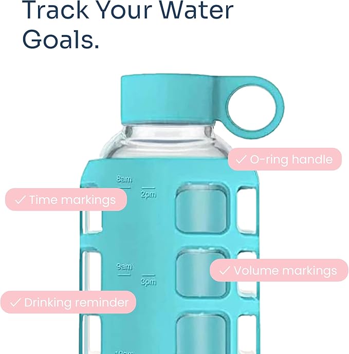 purifyou 40oz / 32oz / 22oz / 12oz Borosilicate Glass Water Bottle with Time & Volume Markers, Silicone Sleeve, Stainless Steel Lid | Reusable Glass Bottle for Water & Juice (32oz Aqua Blue)