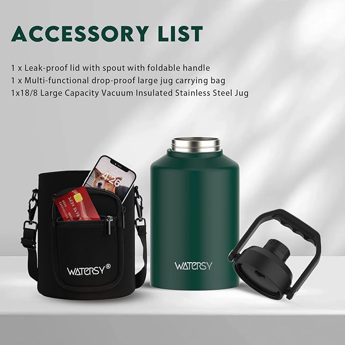 Half Gallon Water Bottle Insulated(Cold for 48 Hrs),BPA Free&Leak Proof,64oz Stainless Steel Water Jug/Flask,Big thermo,Large Water Bottle with Handle for Gym,Hiking,Camping,Dark Green