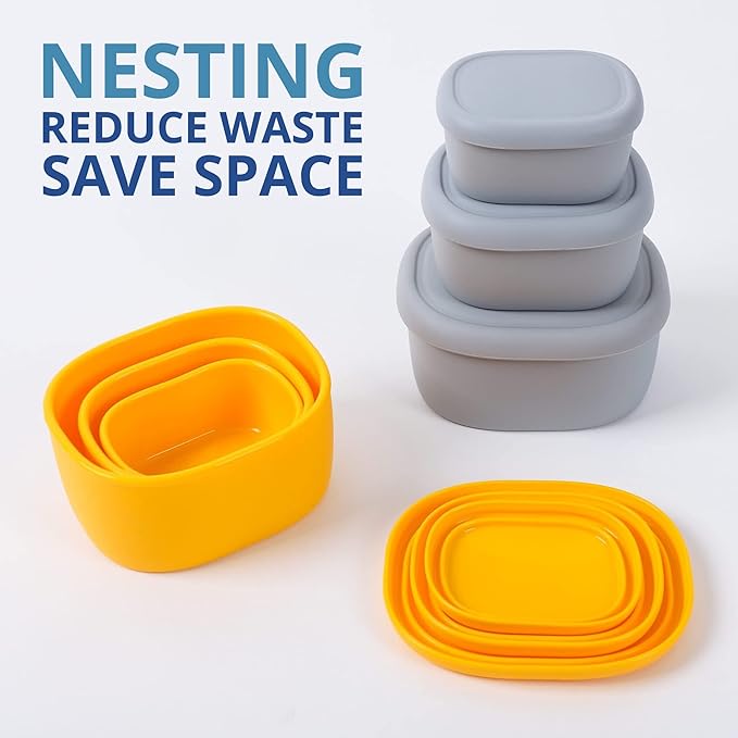 BLUE GINKGO Nesting Silicone Containers - Set of 3 Hard-Shell Silicone Food Storage Containers | BPA Free, Airtight, Dishwasher and Freezer Safe (6.7oz, 10oz, 20oz) - Yellow