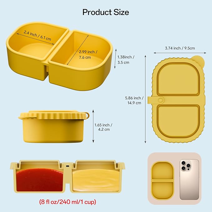 3 Pack Silicone Snack Containers with Lids – Reusable Double Compartment Snack Box, 8oz Mini Food Storage Containers for Sauce, Dip, Salad – Portable, Dishwasher & Microwave Safe