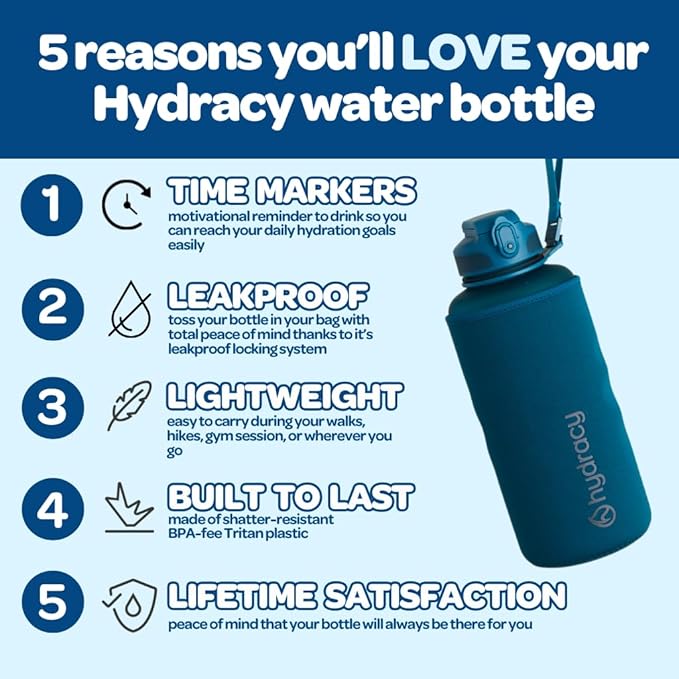 Hydracy Water Bottle with Time Marker -Large BPA Free Water Bottle & No Sweat Sleeve -Leak Proof Gym Bottle with Fruit Infuser Strainer & Times to Drink -Ideal for Fitness Sports & Outdoors