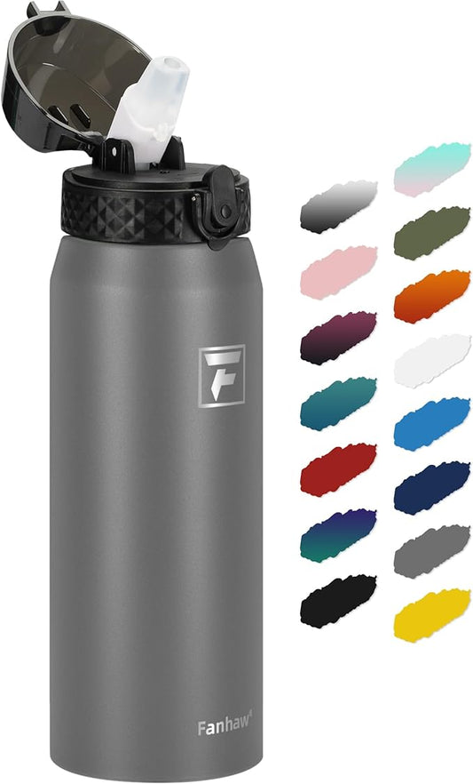 Fanhaw 24 Oz Stainless Steel Insulated Sports Water Bottles with Straw for Kids, Men and Women (Gray)