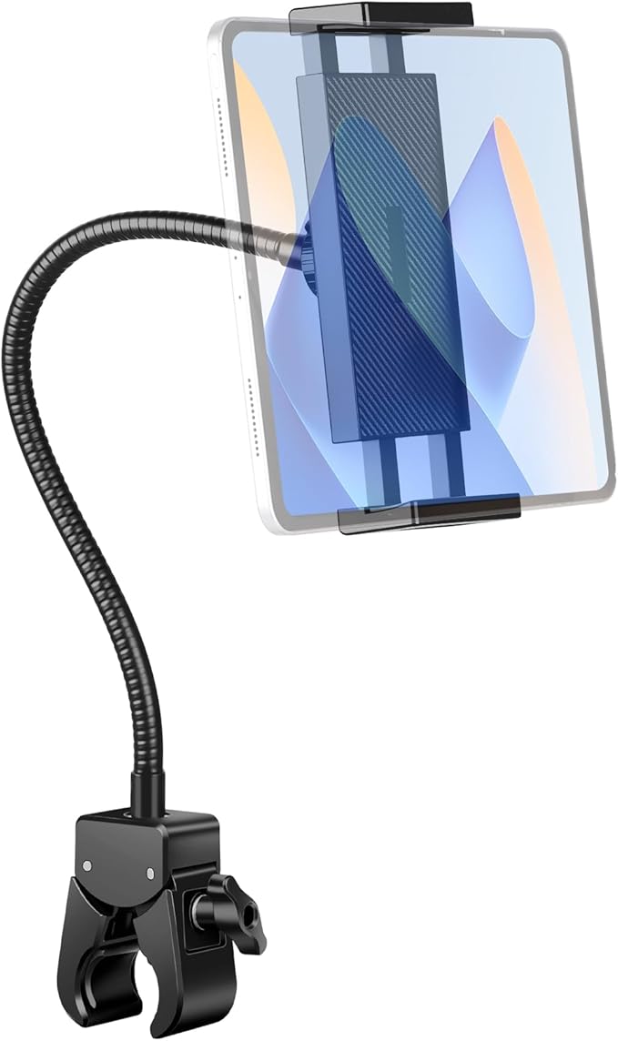 Gooseneck Tablet Holder, iPad Holder for Stroller/Treadmill/Golf Cart/Boat/Mic Stand/Wheelchair/Gym Bicycle Handlebar Clamp, Compatible with 4.7-12.9" Tablets and Phones,Galaxy, E-Readers