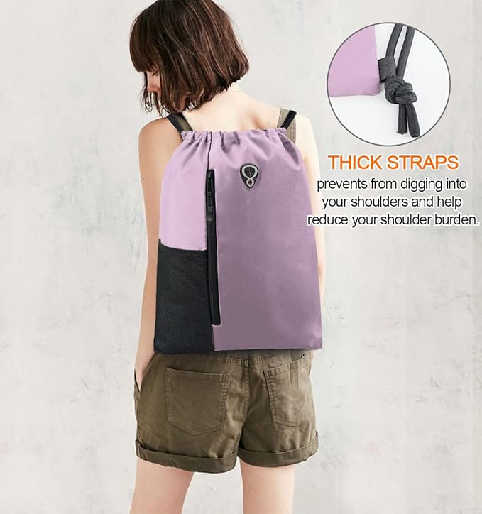 BeeGreen Lilac Drawstring Backpack Gym Bag For Men & Women – Sports Sackpack with Mesh Water Bottle Holder & 2 Zippered Pockets – Large 16x20 Inch Cinch String Backpack Workout Bag for Running, Travel