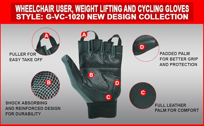 Wheelchair Gloves Unisex Mobility Disability Fingerless Long Thumb Leather Palm Workout Weight Lifting, Cycling, Driving Gloves for Men and Women