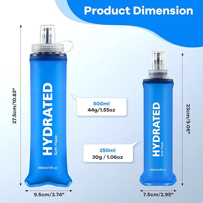 500ml Soft Flask 2Pack, TPU Collapsible Soft Water Bottle, 17oz Foldable TPU Bottles for Hydration Pack BPA-Free, Running Lightweight Water Bottle for Hiking Cycling Climbing Running