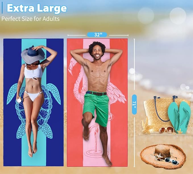 2 Pack Microfiber Lightweight Beach Towel 71"x32" Oversized Extra Large Thin Sand Free Towels Travel Swim Pool Yoga Gym Camping for Adults Women Men Beach Essentials Accessories Vacation Gift