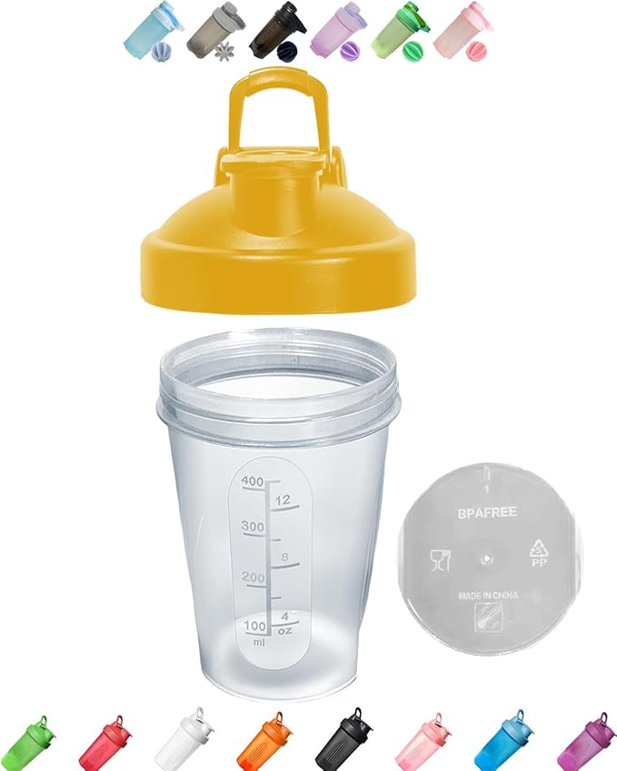 Blender Shaker Bottle Classic Loop Top& Stainless Whisk Ball-Protein Small-16 oz Whisk Ball, Secure Screw-On Lid, Dishwasher Safe & BPA Free Sports Bottle, YellowClear, Clear Body-16 Oz