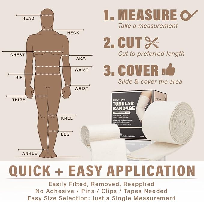 EVERLIT 560D Cotton Blend Elasticated Tubular Support Bandage | Latex-Free, Extra-Thick Breathable Stockinette for Arm, Knees, Legs | Moderate to High Compression for Sensitive Skin (G | 4.5" x 11 yd)