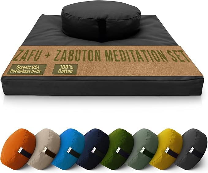 Bean Products Meditation Cushion Mat Set - Zafu Floor Pillow Organic Buckwheat Pillow + Cotton Filled Zabuton Prayer Pad - Meditation Pillow Yoga Knee Pad - Made in USA - 14" Round or 18" Oval