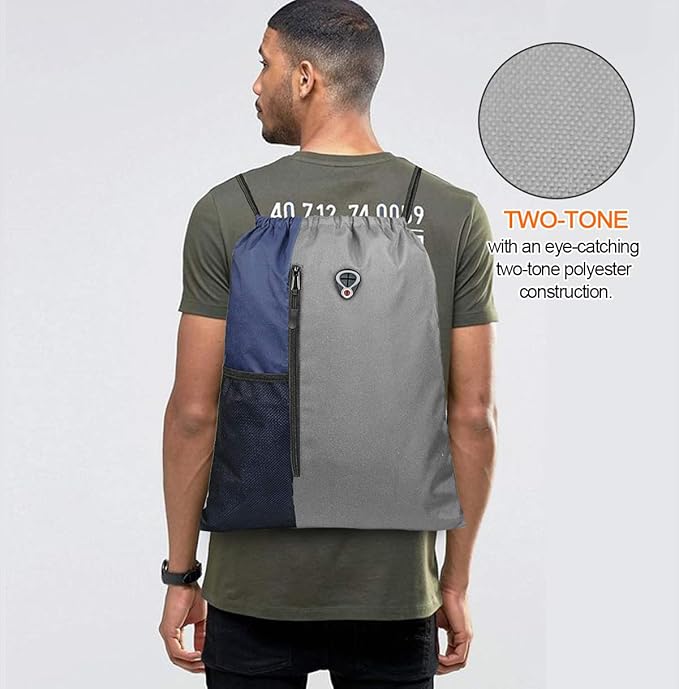 BeeGreen Grey Drawstring Backpack Sports Gym Bag For Women Men Large Draw String Bags Pack With Zipper and Water Bottle Mesh Pockets Workout Bag