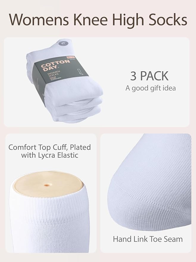 COTTON DAY Women's Soft Combed Cotton Knee High Long Calf Dress Socks Seamless Toe Black White Gray Navy Blue Brown