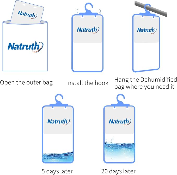 NATRUTH 12-PACK Moisture Absorber Bags With Fresh Linen,Desiccant Hanging Bag Use for Kitchen Bathroom Wardrobe, Eliminates Odors, Hanging Closet Dehumidifier Bags for Closet