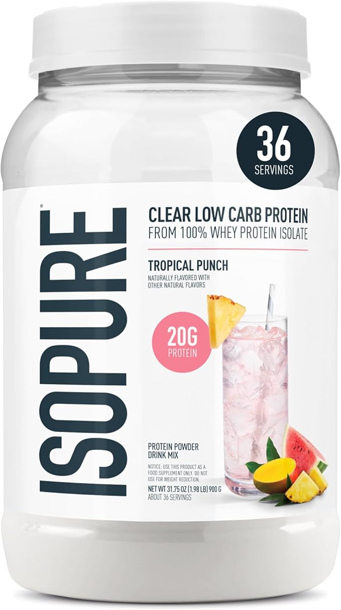 Isopure 100% Pure Whey Isolate Protein Powder Infusions, Lactose Free, Gluten Free, Naturally Flavored, Tropical Punch, 20g Protein Per Serving, 1.9 Lbs, 36 Servings