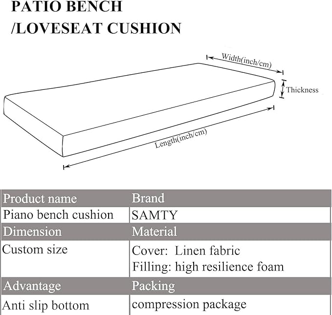 SAMTY Custom Bench Cushion Indoor Memory Foam Chair Pads Non-Slip Bottom Indoor Swing/Settee Seat Pad