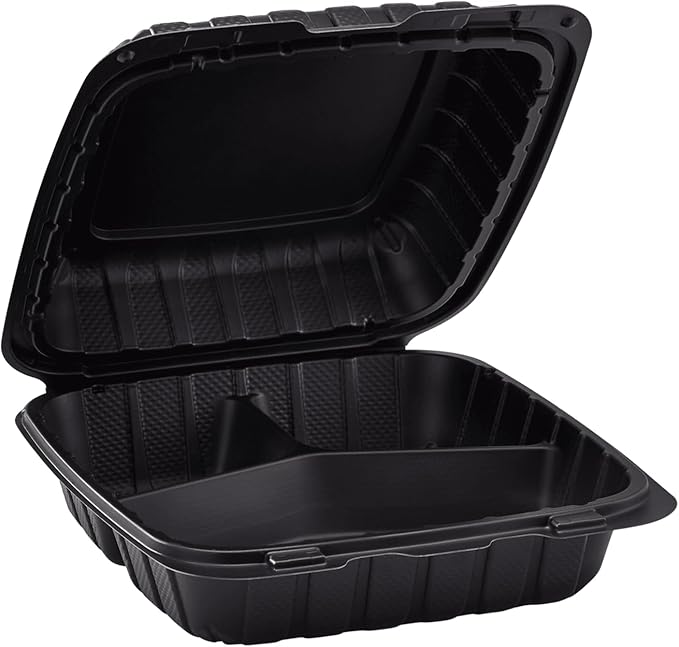 KARAT EARTH Clamshell Take Out Food Containers [8"x8" - 200 ct] To Go Containers | 3 Compartment, Soak-Resistant, Durable, Stackable | Vented for Hot/Cold Foods, Black