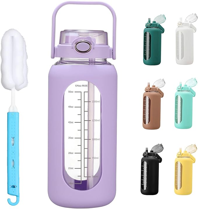64oz Glass Water Bolttles with Straw Half Gallon Large Motivational Water Bottle with Time Marker Sports Water Bottles with Silicone Sleeve and Handle Lid Water Jug for Gym Workout