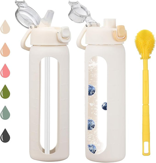 24 oz Glass Water Bottles with 2 Lids-Handle Spout Lid & Straw Lid, Motivational Water Bottle with Time Marker and Silicone Sleeve,Leakproof-White-1 Pack